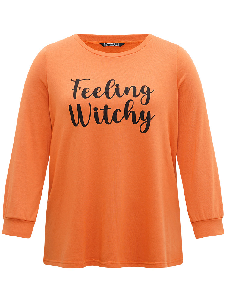Plus Size Halloween Letter Print Round Neck Sweatshirt Women OrangeRed Casual Elastic cuffs Festival-Halloween Sweatshirts BloomChic 28/5X 