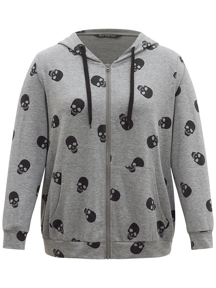 Plus Size Halloween Skull Print Pocket Zipper Hooded Sweatshirt Women Gray Casual Elastic cuffs Hooded Festival-Halloween Sweatshirts BloomChic 14-16/1X 