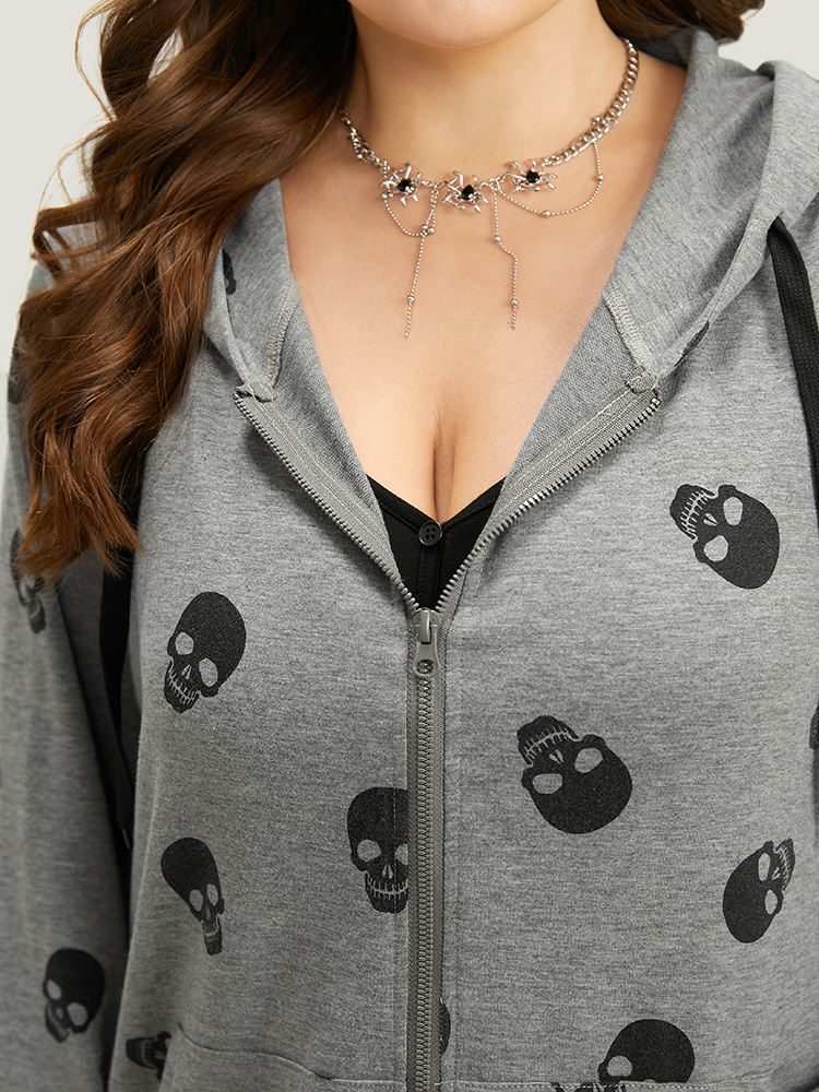 Plus Size Halloween Skull Print Pocket Zipper Hooded Sweatshirt Women Gray Casual Elastic cuffs Hooded Festival-Halloween Sweatshirts BloomChic 14-16/1X 