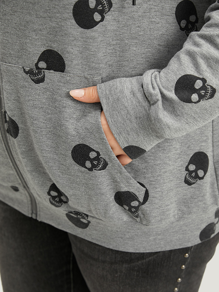 Plus Size Halloween Skull Print Pocket Zipper Hooded Sweatshirt Women Gray Casual Elastic cuffs Hooded Festival-Halloween Sweatshirts BloomChic 14-16/1X 