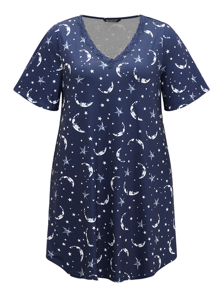 

Plus Size Halloween Moon & Star Print Guipure Lace Sleep Dress Indigo Short sleeve V-neck Elegant Festival-Halloween  Bloomchic