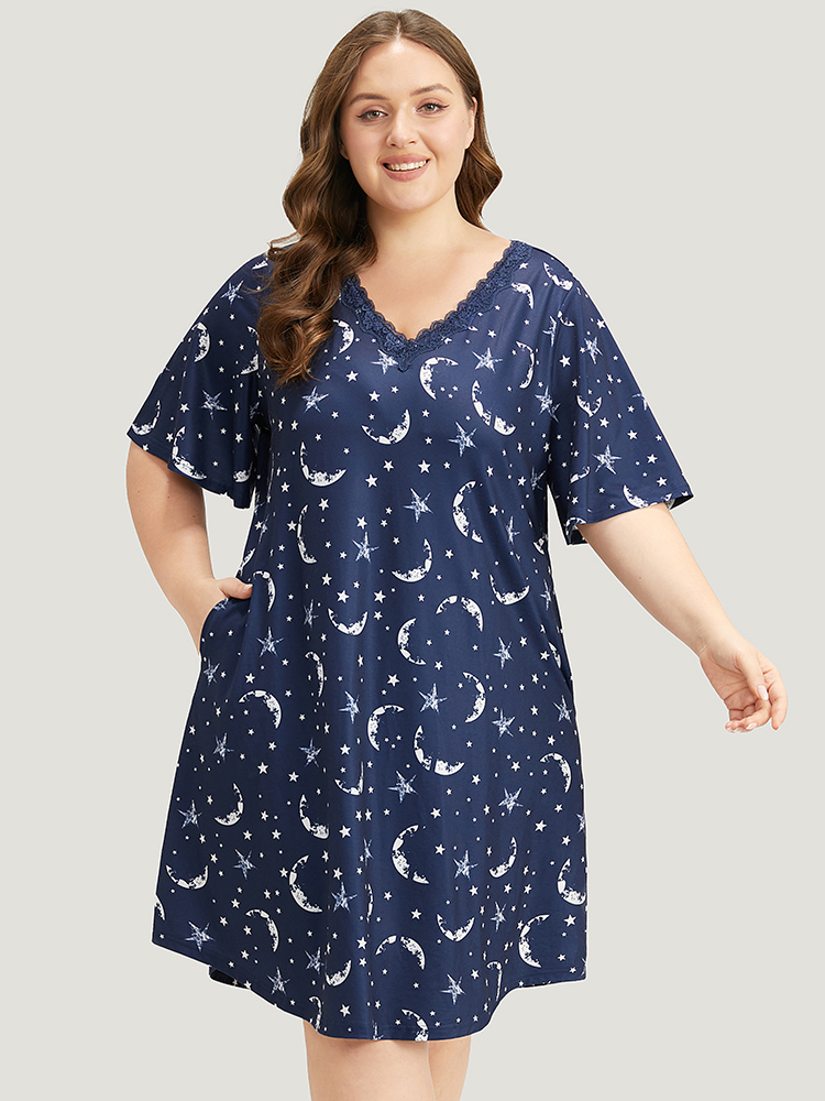 

Plus Size Halloween Moon & Star Print Guipure Lace Sleep Dress Indigo Short sleeve V-neck Elegant Festival-Halloween  Bloomchic