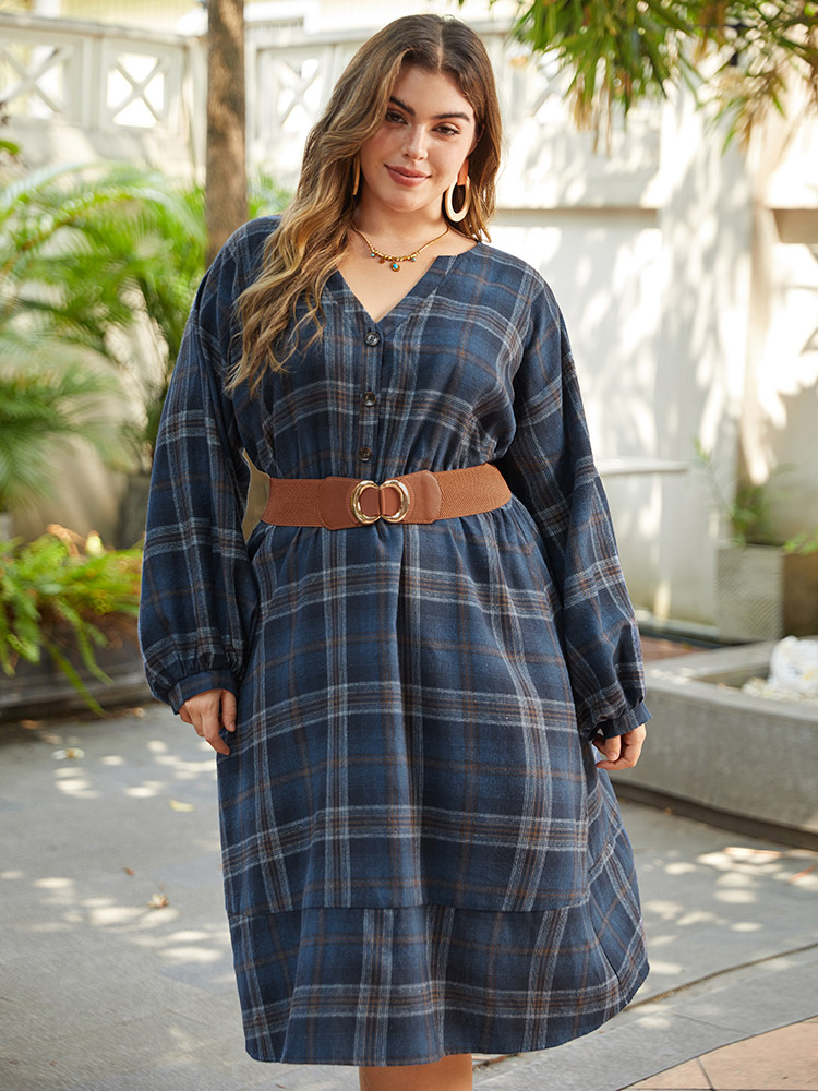 

Plus Size Plaid Notched Button Up Lantern Sleeve Dress Aegean Women Casual Elastic cuffs Notched collar Long Sleeve Curvy Midi Dress BloomChic