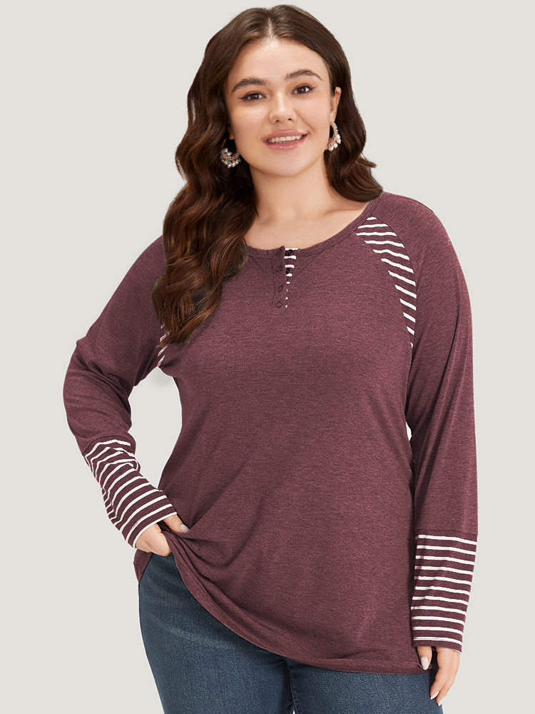 

Plus Size Striped Patchwork Button Up Round Neck T-shirt Russet Women Casual Contrast Striped Round Neck Dailywear T-shirts BloomChic