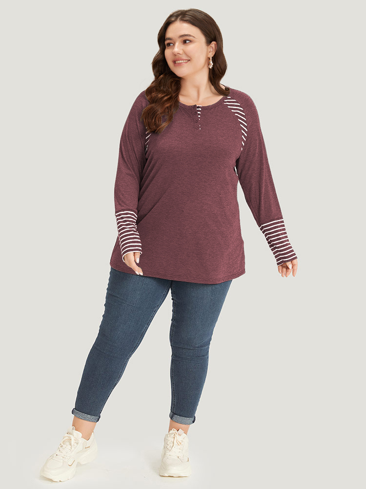 Plus Size Striped Patchwork Button Up Round Neck T-shirt Russet Women Casual Contrast Striped Round Neck Dailywear T-shirts BloomChic 30/6X 