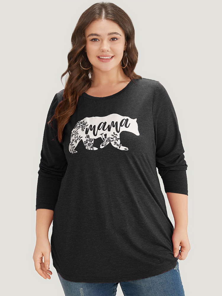 

Plus Size Animal & Letter Print Round Neck T-shirt Black Women Casual Printed Occupation Round Neck Dailywear T-shirts BloomChic