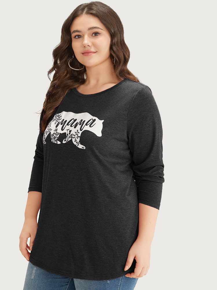 Plus Size Animal & Letter Print Round Neck T-shirt Black Women Casual Printed Occupation Dailywear T-shirts BloomChic 26/4X 