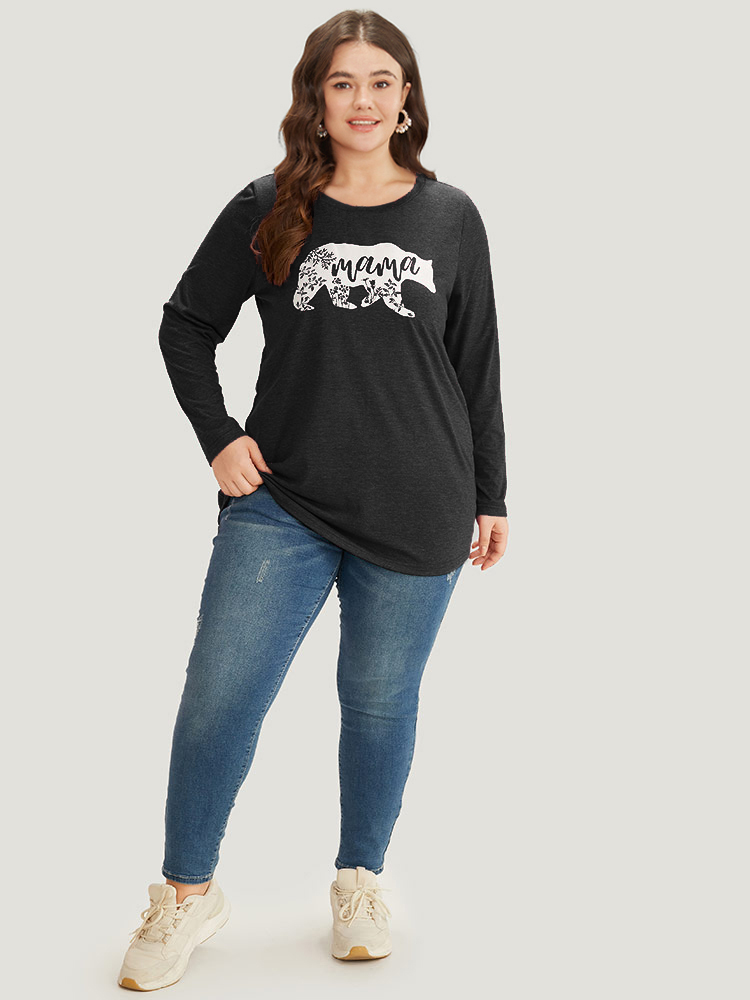 Plus Size Animal & Letter Print Round Neck T-shirt Black Women Casual Printed Occupation Dailywear T-shirts BloomChic 26/4X 