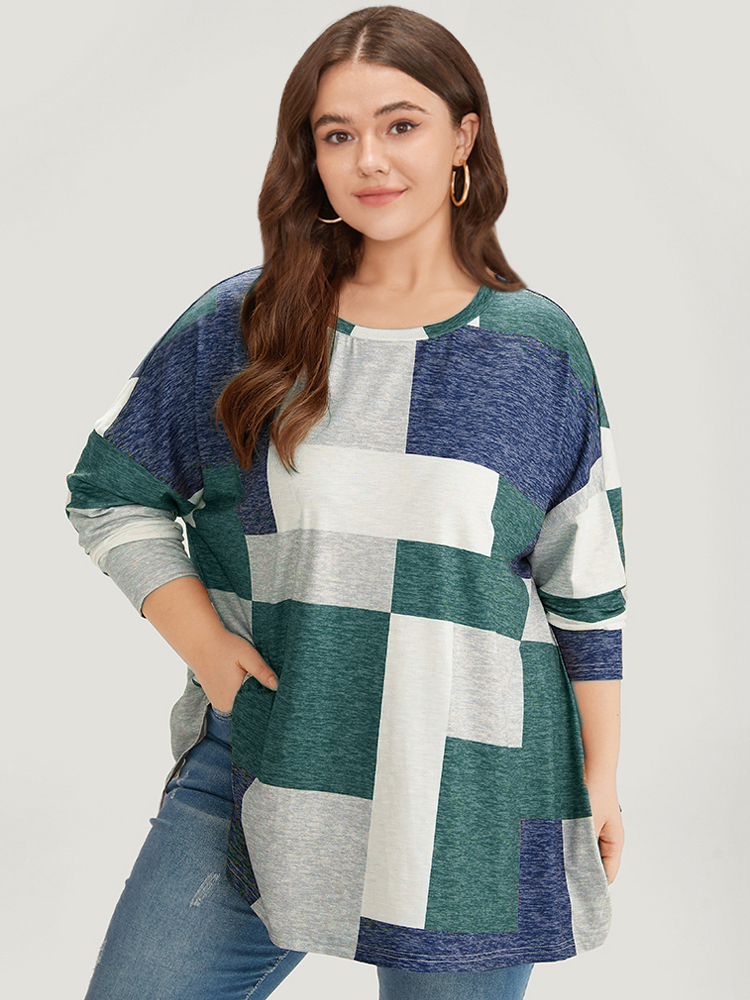 

Plus Size Colorblock Contrast Round Neck Dolman Sleeve T-shirt Teal Women Casual Contrast Colorblock Round Neck Everyday T-shirts BloomChic