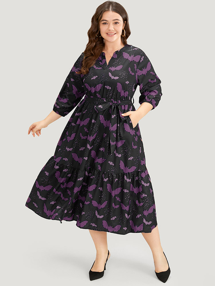 

Plus Size Halloween Bat Print Notched Belted Pocket Dress Purple Women Office Elastic cuffs Notched collar Elbow-length sleeve Curvy Midi Dress BloomChic