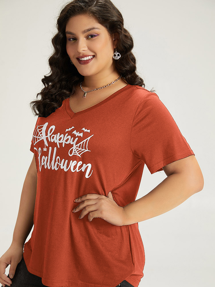 Plus Size Halloween Letter Print V Neck T-shirt Chocolate Women Casual Printed Halloween Festival-Halloween T-shirts BloomChic 10/M 