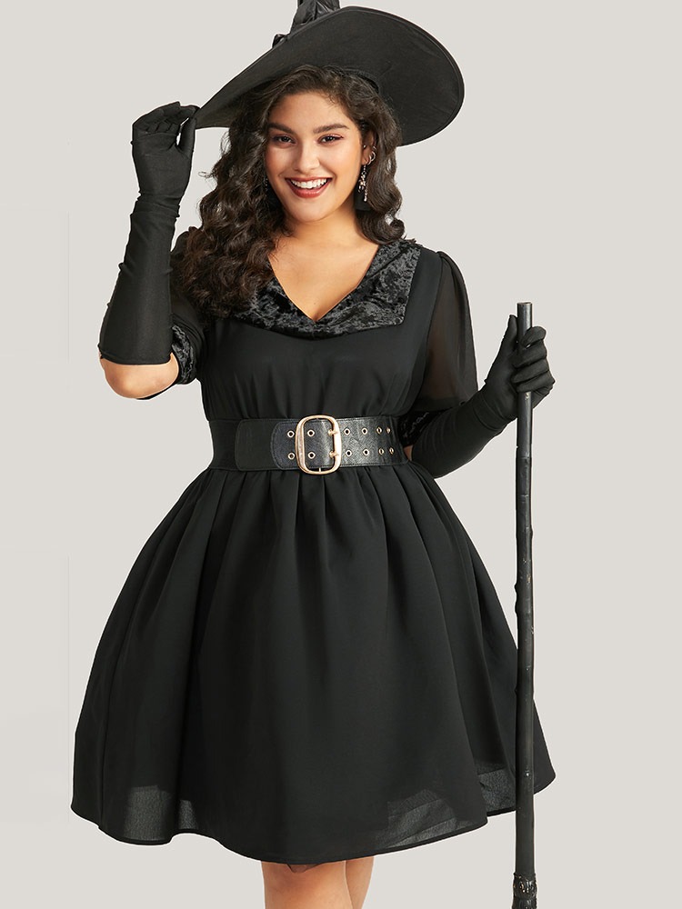 

Plus Size Halloween Plain Lapel Collar Lantern Sleeve Mesh Dress Black Women Elegant See through V-neck Half Sleeve Curvy Knee Dress BloomChic