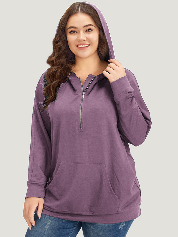 

Plus Size Solid Half Zip Hooded Pocket Raglan Sleeve Sweatshirt Women Mauve Casual Elastic cuffs Hooded Dailywear Sweatshirts BloomChic