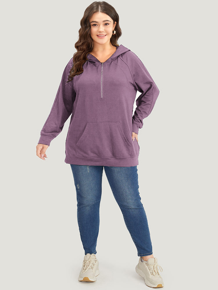 

Plus Size Solid Half Zip Hooded Pocket Raglan Sleeve Sweatshirt Women Mauve Casual Elastic cuffs Hooded Dailywear Sweatshirts BloomChic