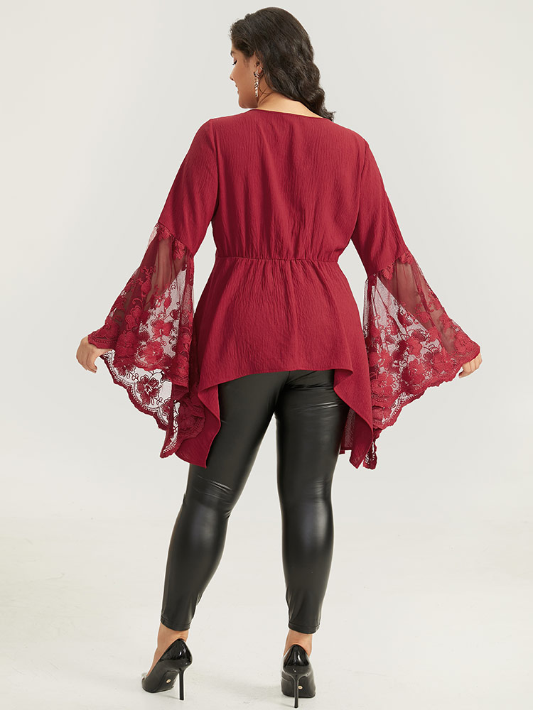 Plus Size Scarlet Halloween Solid Mesh Bell Sleeve Ruched Bowknot Blouse Women Elegant Long Sleeve V-neck Festival-Halloween Blouses BloomChic 28/5X 
