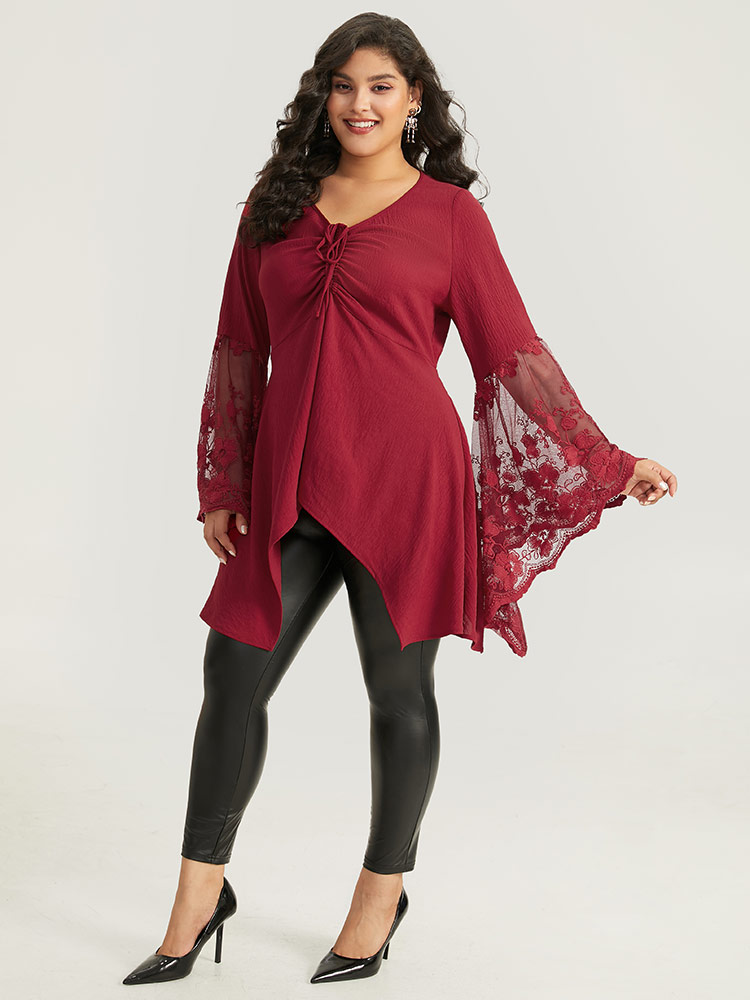 Plus Size Scarlet Halloween Solid Mesh Bell Sleeve Ruched Bowknot Blouse Women Elegant Long Sleeve V-neck Festival-Halloween Blouses BloomChic 28/5X 