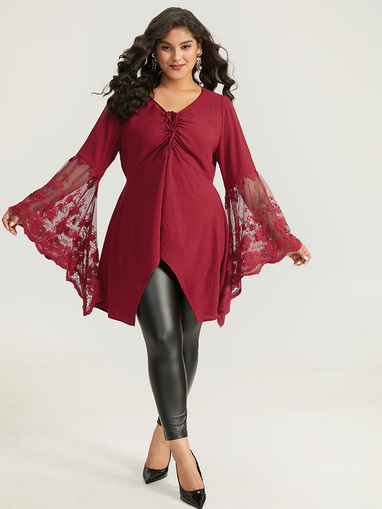 Plus Size Scarlet Halloween Solid Mesh Bell Sleeve Ruched Bowknot Blouse Women Elegant Long Sleeve V-neck Festival-Halloween Blouses BloomChic 28/5X 