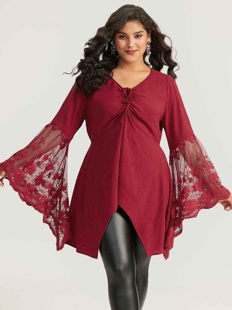 Plus Size Scarlet Halloween Solid Mesh Bell Sleeve Ruched Bowknot Blouse Women Elegant Long Sleeve V-neck Festival-Halloween Blouses BloomChic 28/5X 