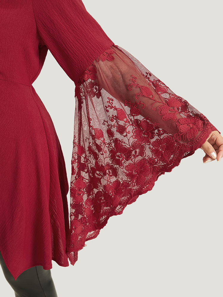 Plus Size Scarlet Halloween Solid Mesh Bell Sleeve Ruched Bowknot Blouse Women Elegant Long Sleeve V-neck Festival-Halloween Blouses BloomChic 28/5X 