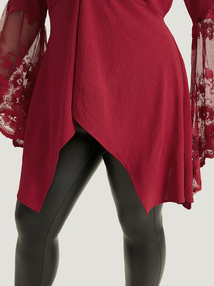 Plus Size Scarlet Halloween Solid Mesh Bell Sleeve Ruched Bowknot Blouse Women Elegant Long Sleeve V-neck Festival-Halloween Blouses BloomChic 28/5X 