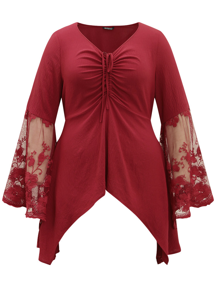 Plus Size Scarlet Halloween Solid Mesh Bell Sleeve Ruched Bowknot Blouse Women Elegant Long Sleeve V-neck Festival-Halloween Blouses BloomChic 28/5X 