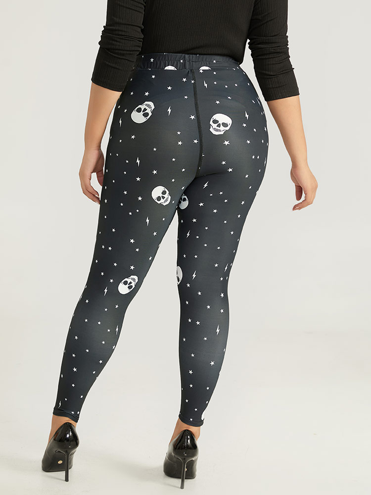 Plus Size Halloween Skull & Star Print Elastic Waist Leggings Women Black Elegant High stretch Skinny High Rise Festival-Halloween Leggings BloomChic 22-24/3X 