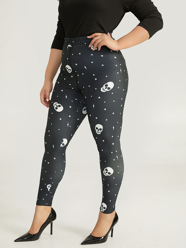Plus Size Halloween Skull & Star Print Elastic Waist Leggings Women Black Elegant High stretch Skinny High Rise Festival-Halloween Leggings BloomChic 22-24/3X 