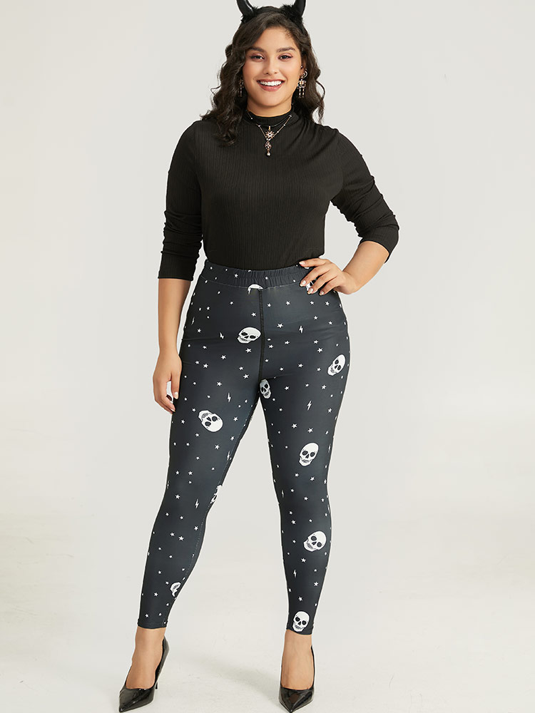 Plus Size Halloween Skull & Star Print Elastic Waist Leggings Women Black Elegant High stretch Skinny High Rise Festival-Halloween Leggings BloomChic 22-24/3X 