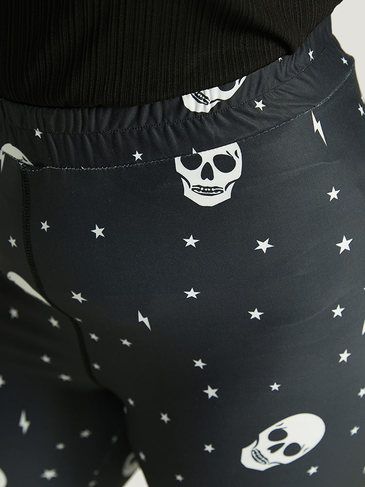 Plus Size Halloween Skull & Star Print Elastic Waist Leggings Women Black Elegant High stretch Skinny High Rise Festival-Halloween Leggings BloomChic 22-24/3X 