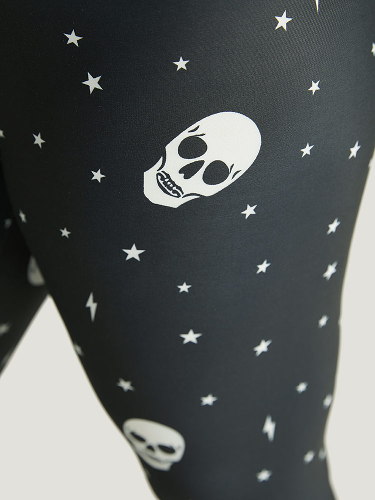 

Plus Size Halloween Skull & Star Print Elastic Waist Leggings Women Black Elegant High stretch Skinny High Rise Festival-Halloween Leggings BloomChic