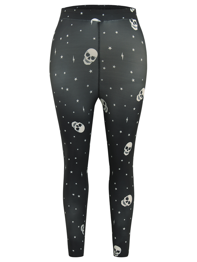 Plus Size Halloween Skull & Star Print Elastic Waist Leggings Women Black Elegant High stretch Skinny High Rise Festival-Halloween Leggings BloomChic 22-24/3X 