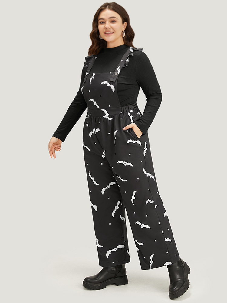 

Plus Size Black Halloween Bat Print Pocket Frill Trim Gathered Jumpsuit Women Casual Sleeveless Spaghetti Strap Festival-Halloween Loose Jumpsuits BloomChic