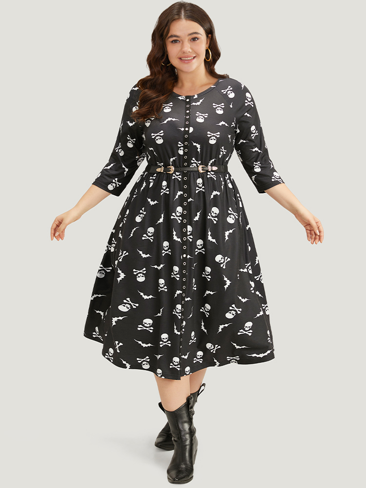 

Plus Size Halloween Skull Print Pocket Button Through Dress Black Women Casual Cross straps Round Neck Elbow-length sleeve Curvy Midi Dress BloomChic