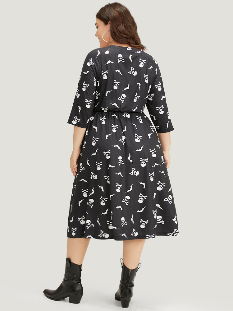 Plus Size Halloween Skull Print Pocket Button Through Dress Black Women Casual Cross straps Round Neck Elbow-length sleeve Curvy Midi Dress BloomChic 10/M 