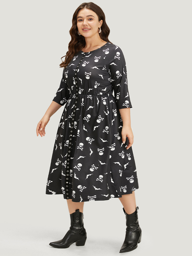Plus Size Halloween Skull Print Pocket Button Through Dress Black Women Casual Cross straps Round Neck Elbow-length sleeve Curvy Midi Dress BloomChic 10/M 