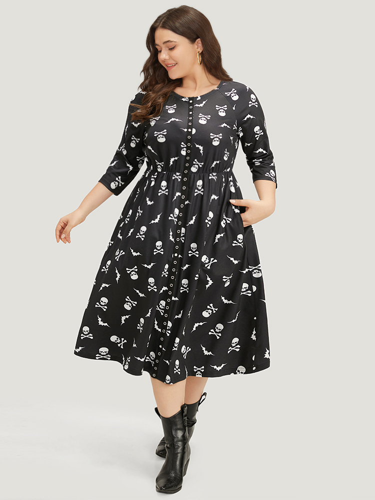 Plus Size Halloween Skull Print Pocket Button Through Dress Black Women Casual Cross straps Round Neck Elbow-length sleeve Curvy Midi Dress BloomChic 10/M 