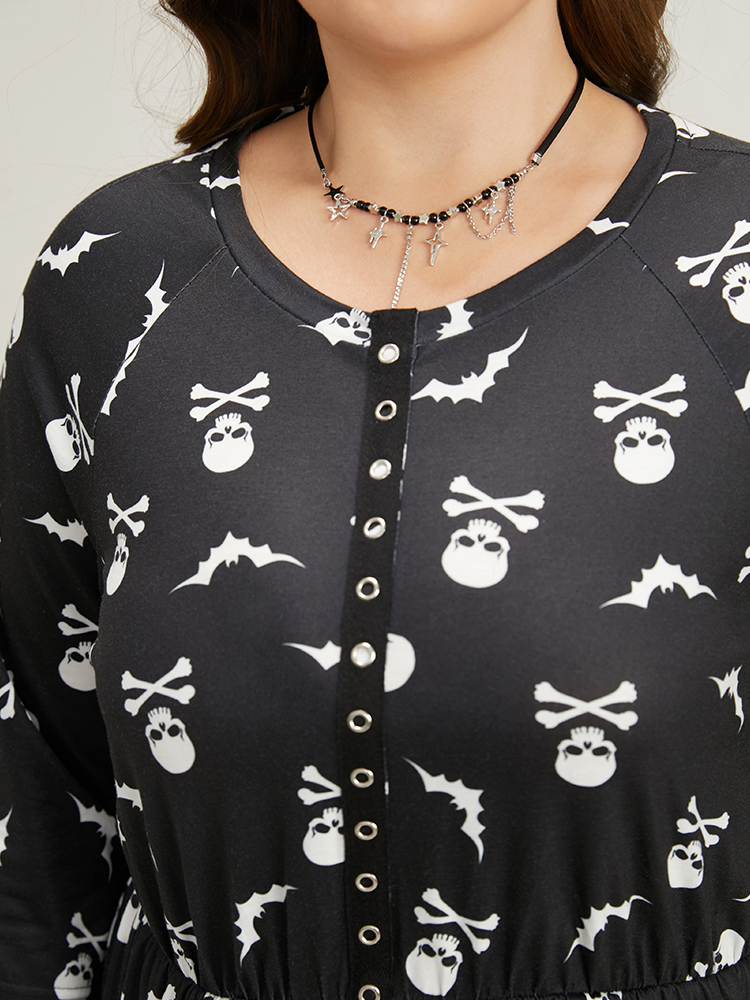 Plus Size Halloween Skull Print Pocket Button Through Dress Black Women Casual Cross straps Round Neck Elbow-length sleeve Curvy Midi Dress BloomChic 10/M 