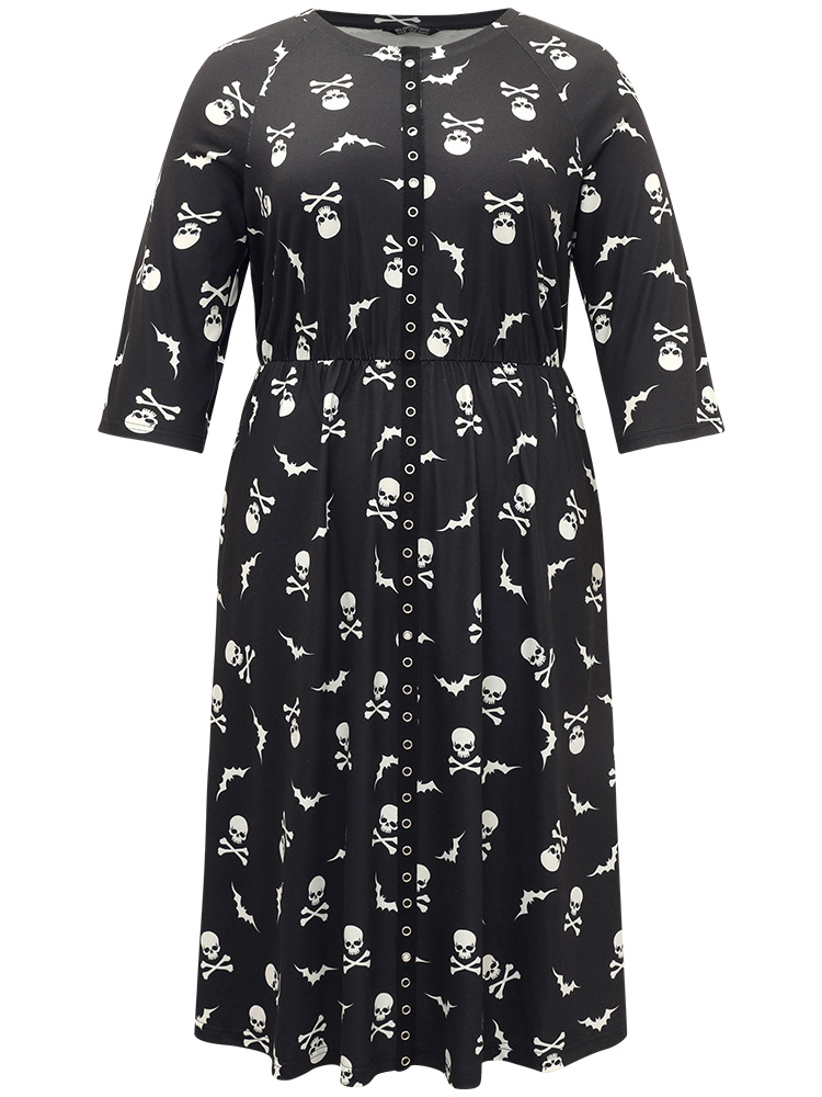 Plus Size Halloween Skull Print Pocket Button Through Dress Black Women Casual Cross straps Round Neck Elbow-length sleeve Curvy Midi Dress BloomChic 10/M 