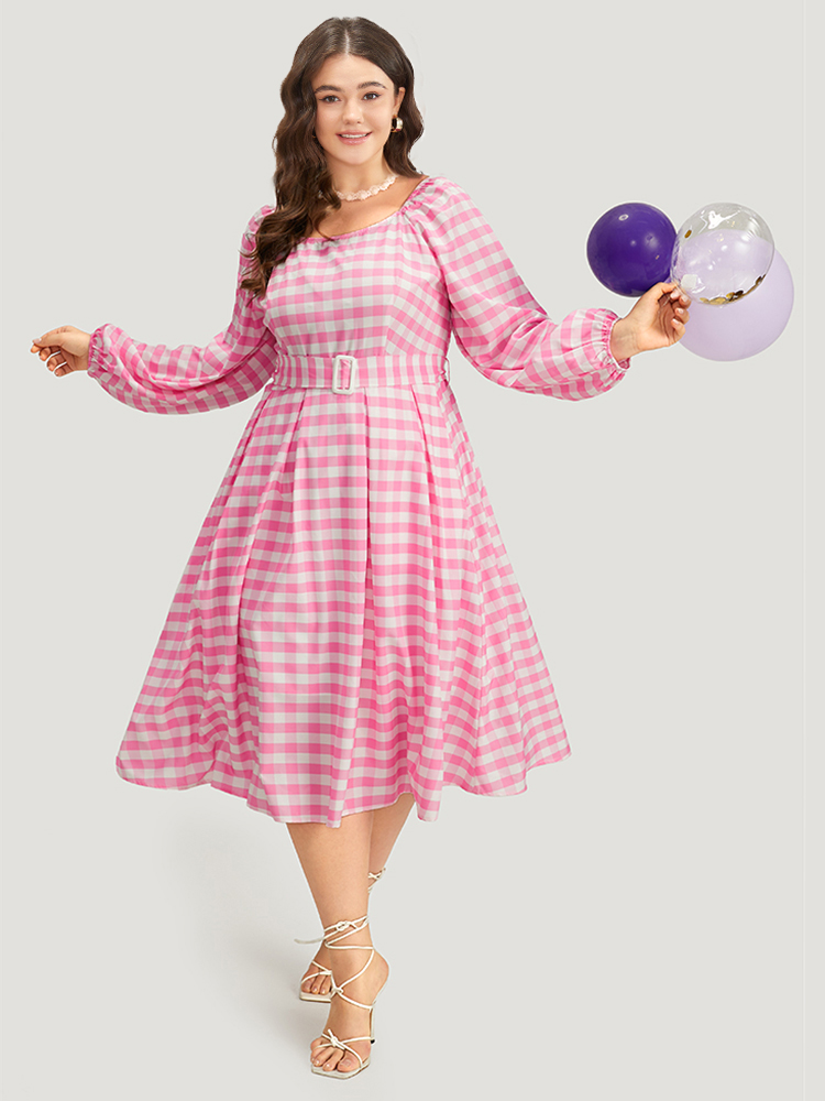 

Plus Size Halloween Plaid Print Belted Square Neck Lantern Sleeve Dress Pink Women Elegant Elastic cuffs Square Neck Long Sleeve Curvy Midi Dress BloomChic