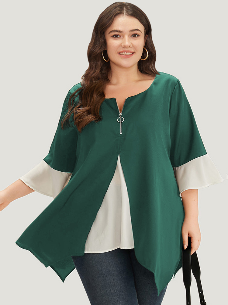 

Plus Size DarkGreen Anti-Wrinkle Contrast Zip Up Flutter Sleeve Hanky Hem Blouse Women Office Half Sleeve Round Neck Work Blouses BloomChic