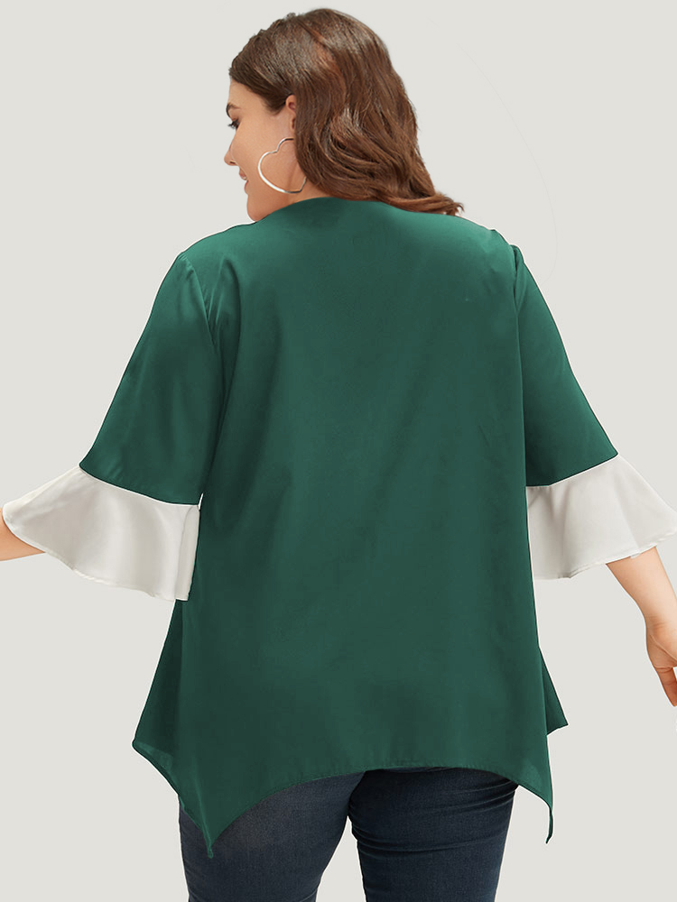 Plus Size DarkGreen Anti-Wrinkle Contrast Zip Up Flutter Sleeve Hanky Hem Blouse Women Office Half Sleeve Round Neck Work Blouses BloomChic 12/L 