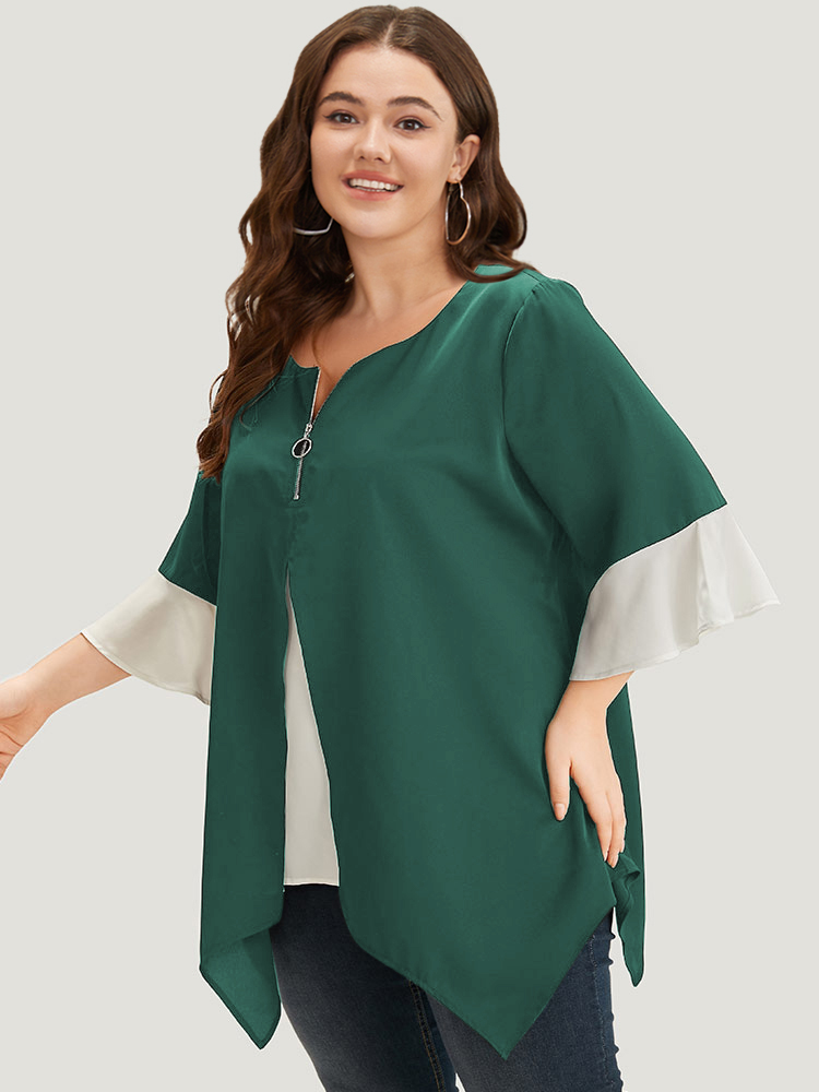 Plus Size DarkGreen Anti-Wrinkle Contrast Zip Up Flutter Sleeve Hanky Hem Blouse Women Office Half Sleeve Round Neck Work Blouses BloomChic 12/L 