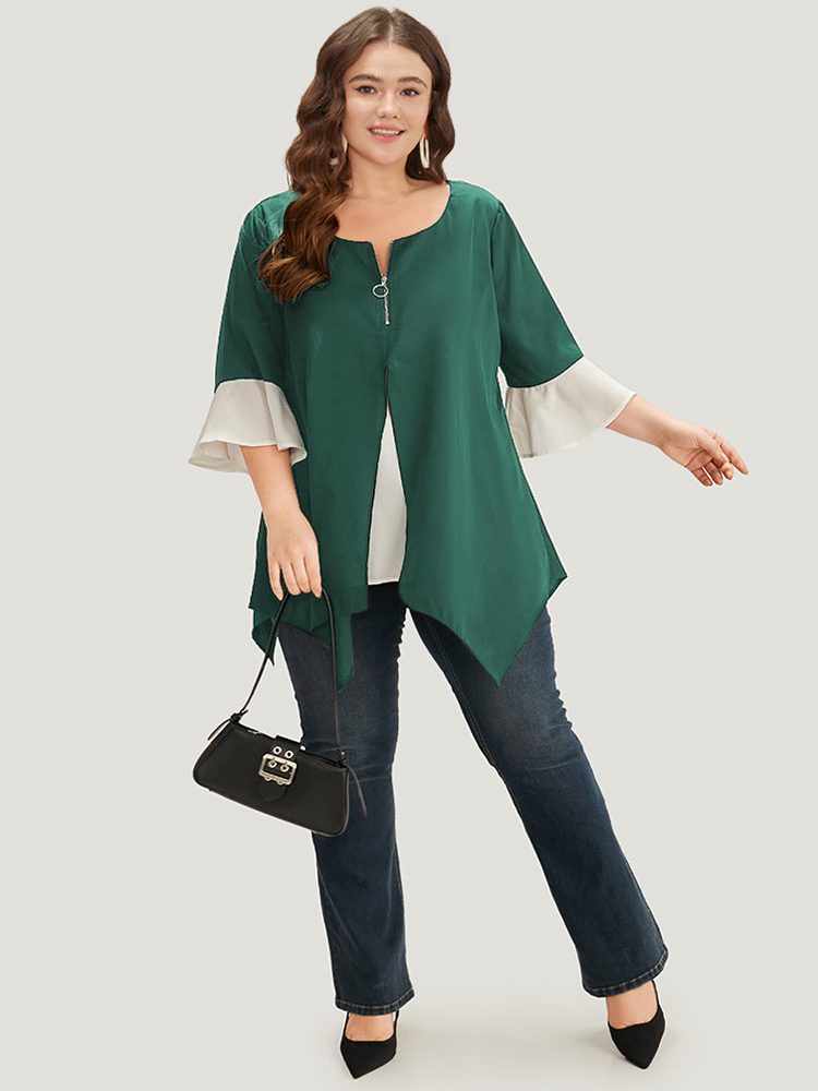 Plus Size DarkGreen Anti-Wrinkle Contrast Zip Up Flutter Sleeve Hanky Hem Blouse Women Office Half Sleeve Round Neck Work Blouses BloomChic 12/L 