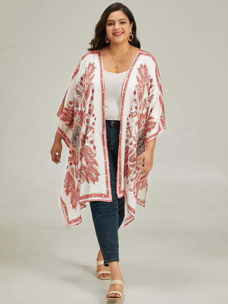 

Plus Size Paisley Print Asymmetrical Hem Drape Kimono Women Brown Casual Drape Loose Dailywear Kimonos BloomChic
