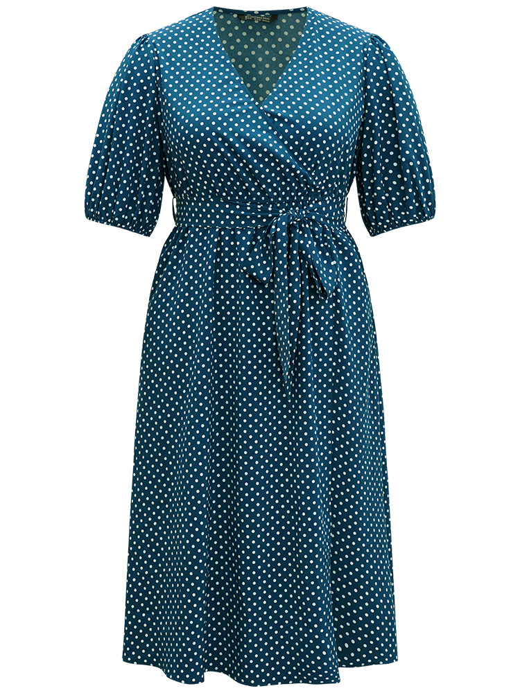 

Plus Size Polka Dot Belted Lantern Sleeve Surplice Neck Dress Aegean Women Office Elastic cuffs V-neck Short sleeve Curvy Midi Dress BloomChic