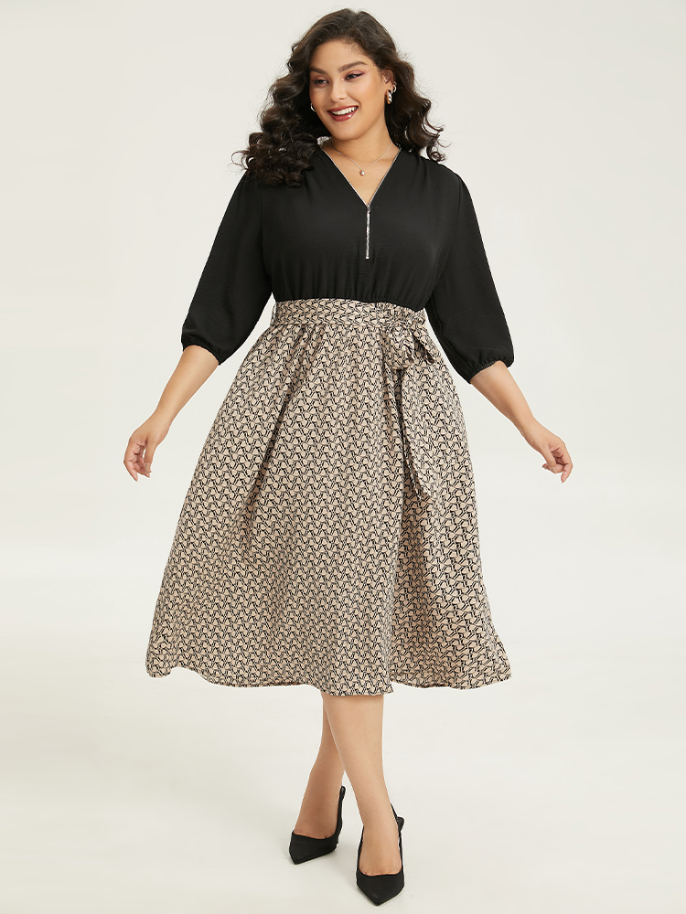 

Plus Size Geometric Graphic Zipper Patchwork Belted Dress LightBrown Women Office Elastic cuffs V-neck Elbow-length sleeve Curvy Midi Dress BloomChic