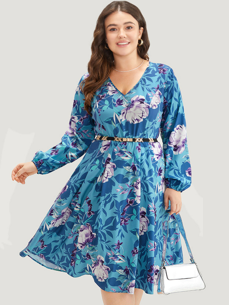 

Plus Size Floral Print Pleated Flutter Zipper Dress Multicolor Women Office Elastic cuffs V-neck Long Sleeve Curvy Midi Dress BloomChic