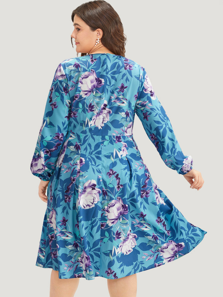 Plus Size Floral Print Pleated Flutter Zipper Dress Multicolor Women Office Elastic cuffs V-neck Long Sleeve Curvy Midi Dress BloomChic 12/L 