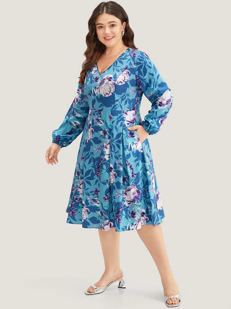 Plus Size Floral Print Pleated Flutter Zipper Dress Multicolor Women Office Elastic cuffs V-neck Long Sleeve Curvy Midi Dress BloomChic 12/L 