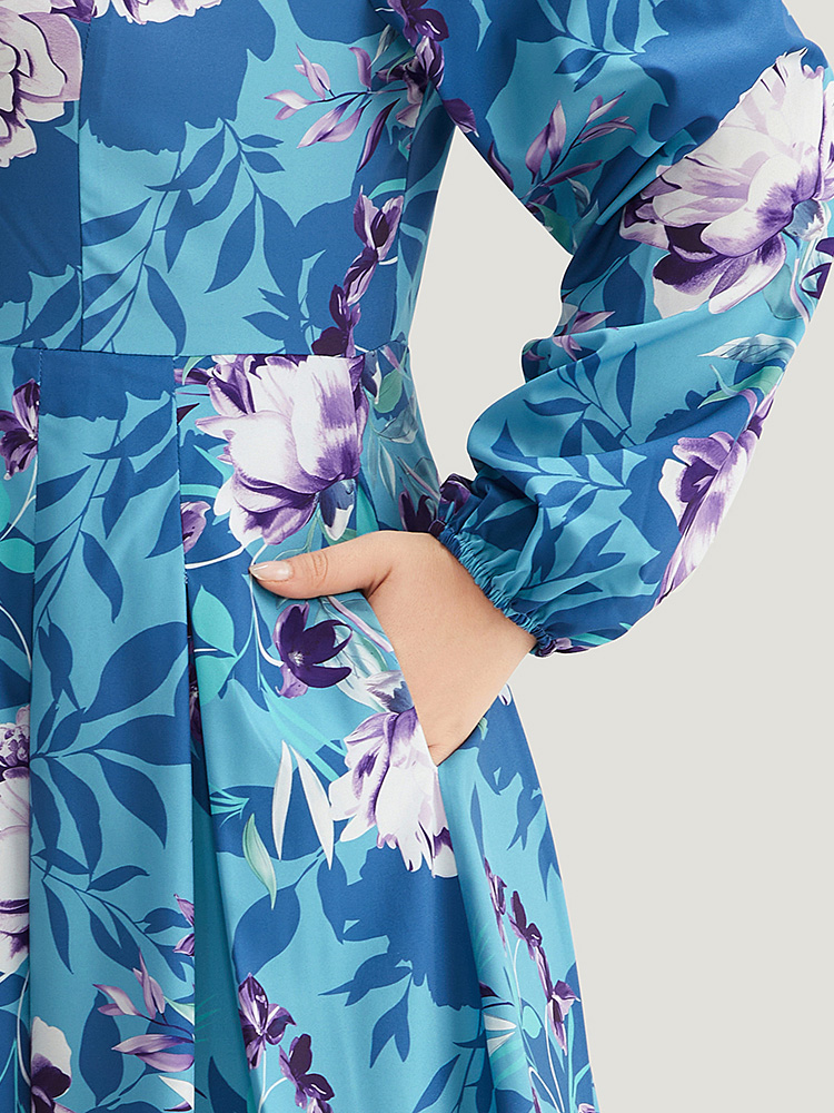 Plus Size Floral Print Pleated Flutter Zipper Dress Multicolor Women Office Elastic cuffs V-neck Long Sleeve Curvy Midi Dress BloomChic 12/L 
